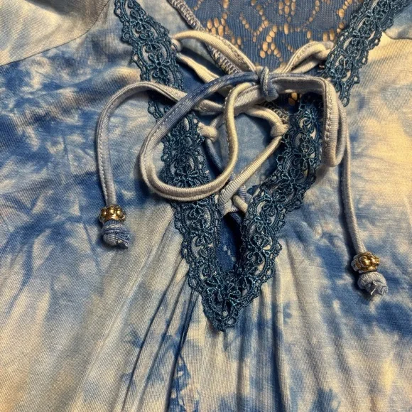 World Unity Top Large Blue White Tie-Dye Tunic Top Lace Trim & Detail Boho - Picture 15 of 15